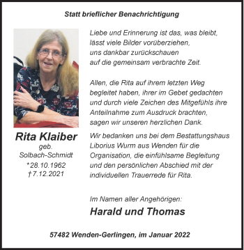 Traueranzeige von Rita Klaiber von Siegener Zeitung