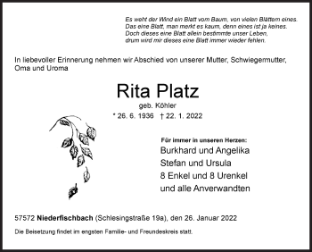 Traueranzeige von Rita Platz von Siegener Zeitung