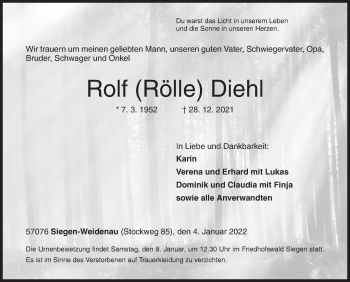 Traueranzeige von Rolf  Diehl von Siegener Zeitung