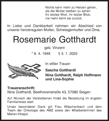 Traueranzeige von Rosemarie Gotthardt von Siegener Zeitung
