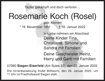 Traueranzeige von Rosemarie Koch von Siegener Zeitung