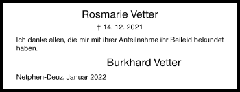Traueranzeige von Rosmarie Vetter von Siegener Zeitung