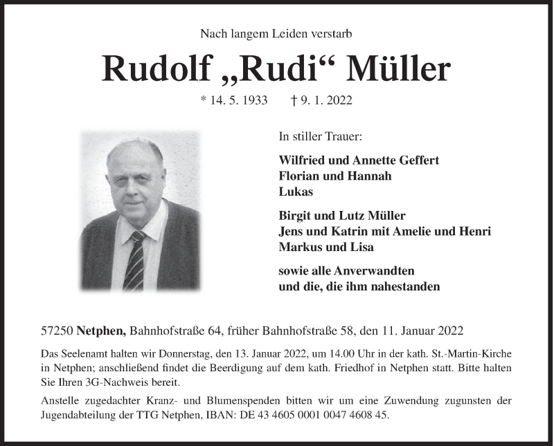  Traueranzeige für Rudolf Müller vom 11.01.2022 aus Siegener Zeitung