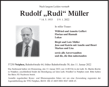 Traueranzeige von Rudolf Müller von Siegener Zeitung