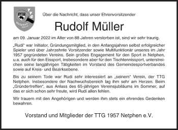 Traueranzeige von Rudolf Müller von Siegener Zeitung