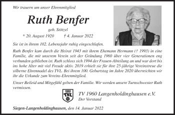 Traueranzeige von Ruth Benfer von Siegener Zeitung