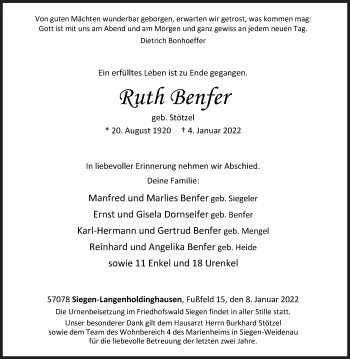 Traueranzeige von Ruth Benfer von Siegener Zeitung