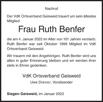 Traueranzeige von Ruth Benfer von Siegener Zeitung
