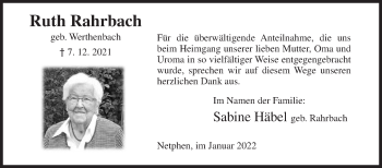Traueranzeige von Ruth Rahrbach von Siegener Zeitung
