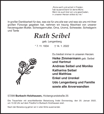 Traueranzeige von Ruth Seibel von Siegener Zeitung