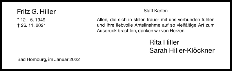  Traueranzeige für Sarah Hiller-Klöckner vom 29.01.2022 aus Siegener Zeitung