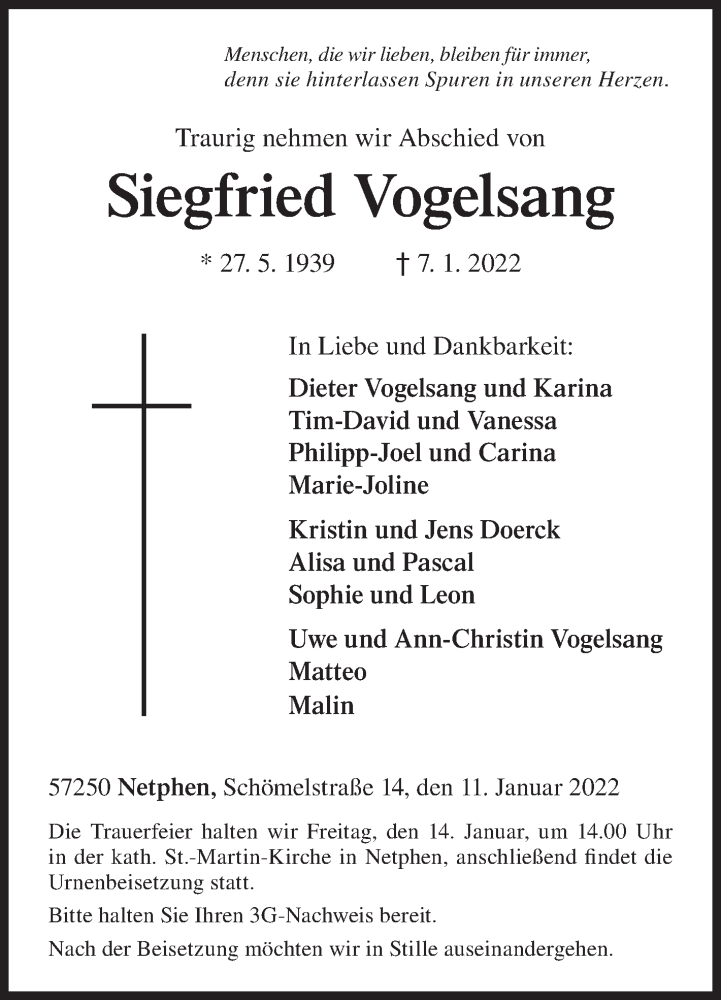  Traueranzeige für Siegfried Vogelsang vom 11.01.2022 aus Siegener Zeitung
