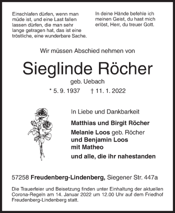 Traueranzeige von Sieglinde Röcher von Siegener Zeitung