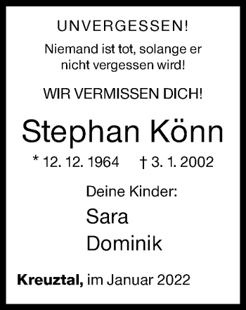 Traueranzeige von Stephan Könn von Siegener Zeitung
