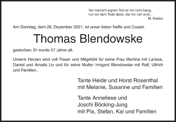 Traueranzeige von Thomas Blendowske von Siegener Zeitung