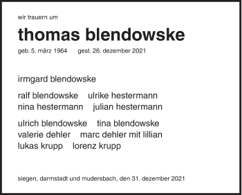 Traueranzeige von Thomas Blendowske von Siegener Zeitung