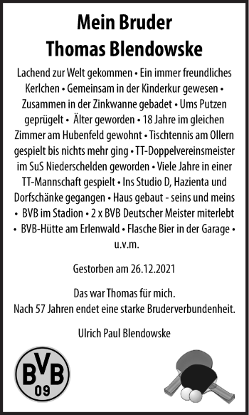 Traueranzeige von Thomas Blendowske von Siegener Zeitung