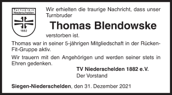 Traueranzeige von Thomas Blendowske von Siegener Zeitung