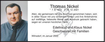 Traueranzeige von Thomas Nickel von Siegener Zeitung