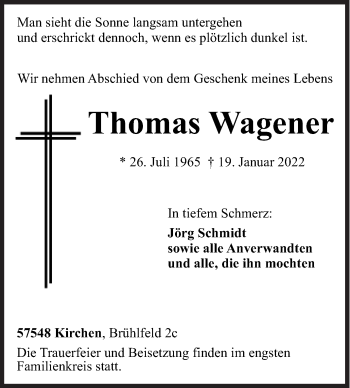 Traueranzeige von Thomas Wagener von Siegener Zeitung