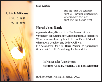 Traueranzeige von Ulrich Althaus von Siegener Zeitung