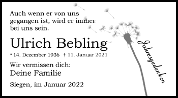 Traueranzeige von Ulrich Bebling von Siegener Zeitung