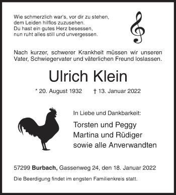 Traueranzeige von Ulrich Klein von Siegener Zeitung