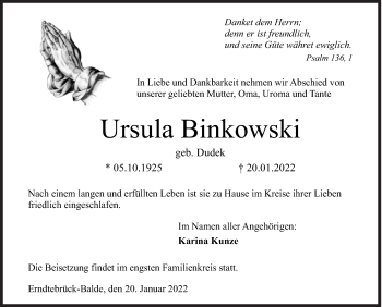 Traueranzeige von Ursula Binkowski von Siegener Zeitung