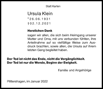 Traueranzeige von Ursula Klein von Siegener Zeitung