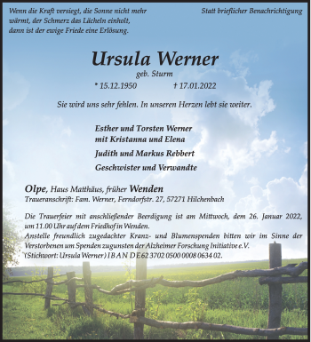 Traueranzeige von Ursula Werner von Siegener Zeitung