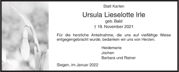 Traueranzeige von Ursula Lieselotte lrle von Siegener Zeitung