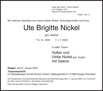 Traueranzeige von Ute Brigitte Nickel von Siegener Zeitung