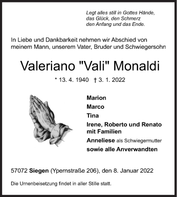 Traueranzeige von Valeriano Monaldi von Siegener Zeitung
