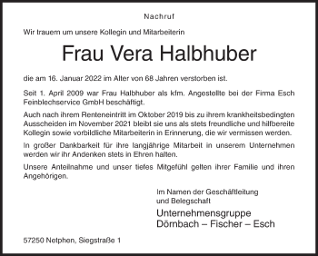 Traueranzeige von Vera Halbhuber von Siegener Zeitung