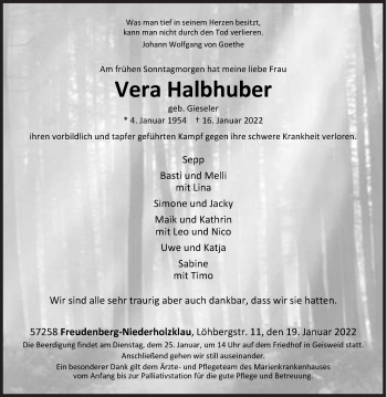 Traueranzeige von Vera Halbhuber von Siegener Zeitung