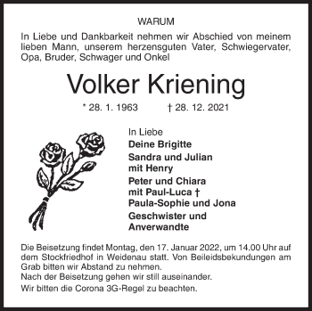 Traueranzeige von Volker Kriening von Siegener Zeitung
