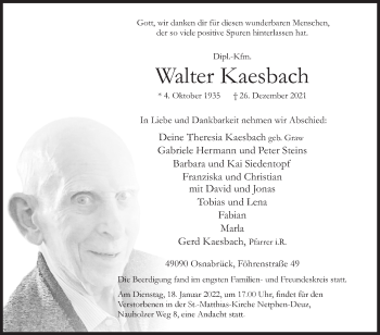 Traueranzeige von Walter Kaesbach von Siegener Zeitung