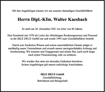 Traueranzeige von Walter Kaesbach von Siegener Zeitung