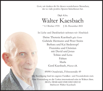 Traueranzeige von Walter Kaesbach von Siegener Zeitung