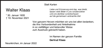 Traueranzeige von Walter Klaas von Siegener Zeitung