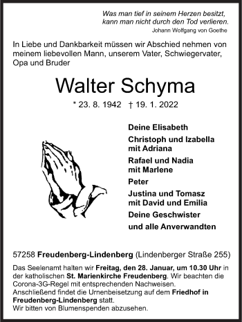Traueranzeige von Walter Schyma von Siegener Zeitung