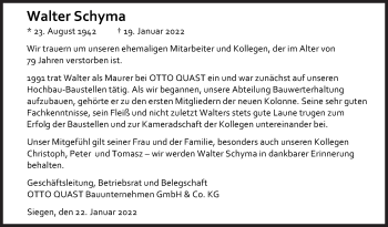 Traueranzeige von Walter Schyma von Siegener Zeitung