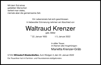Traueranzeige von Waltraud Krenzer von Siegener Zeitung