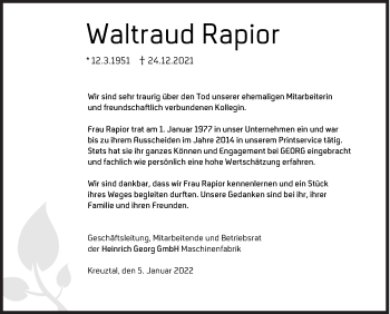 Traueranzeige von Waltraud Rapior von Siegener Zeitung