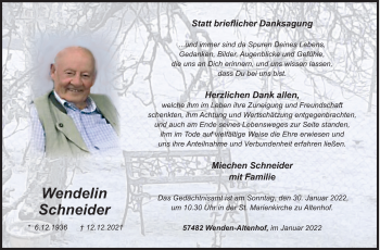 Traueranzeige von Wendelin Schneider von Siegener Zeitung