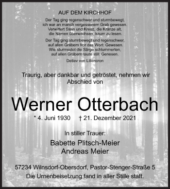 Traueranzeige von Werner Otterbach von Siegener Zeitung