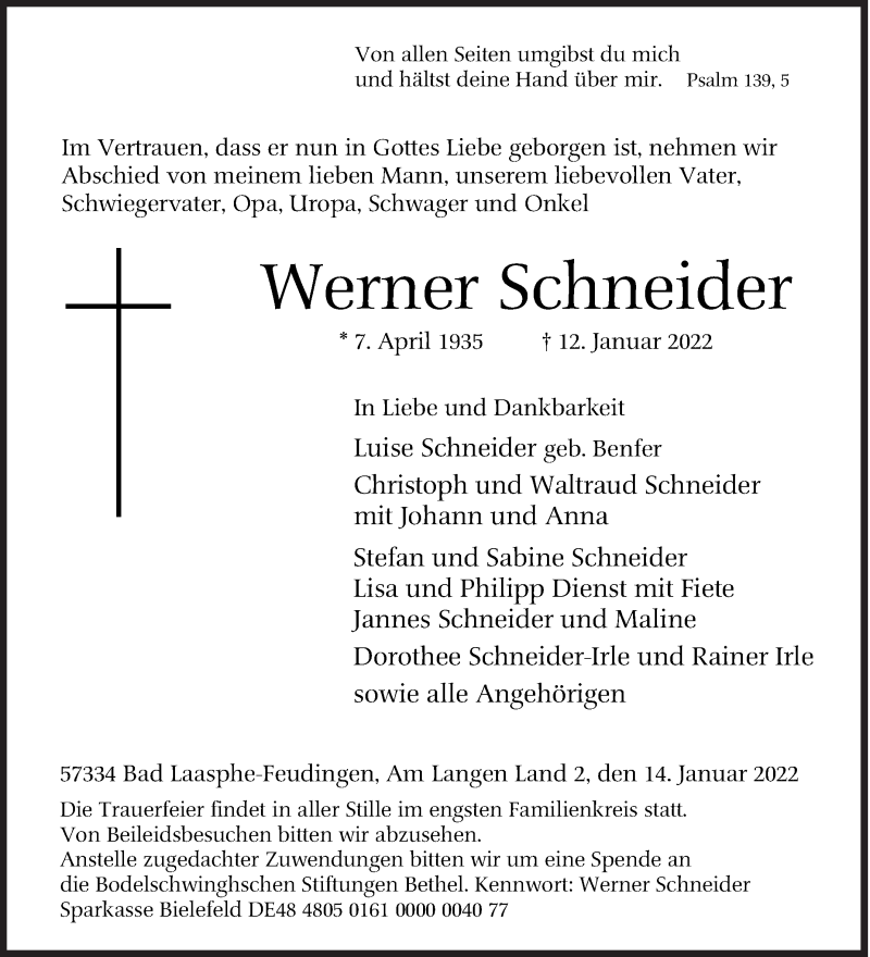  Traueranzeige für Werner Schneider vom 14.01.2022 aus Siegener Zeitung