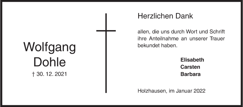  Traueranzeige für Wilfgang Dohle vom 29.01.2022 aus Siegener Zeitung