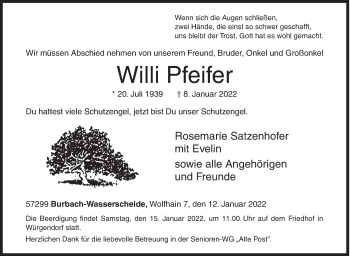 Traueranzeige von Willi Pfeifer von Siegener Zeitung
