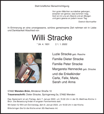 Traueranzeige von Willi Stracke von Siegener Zeitung
